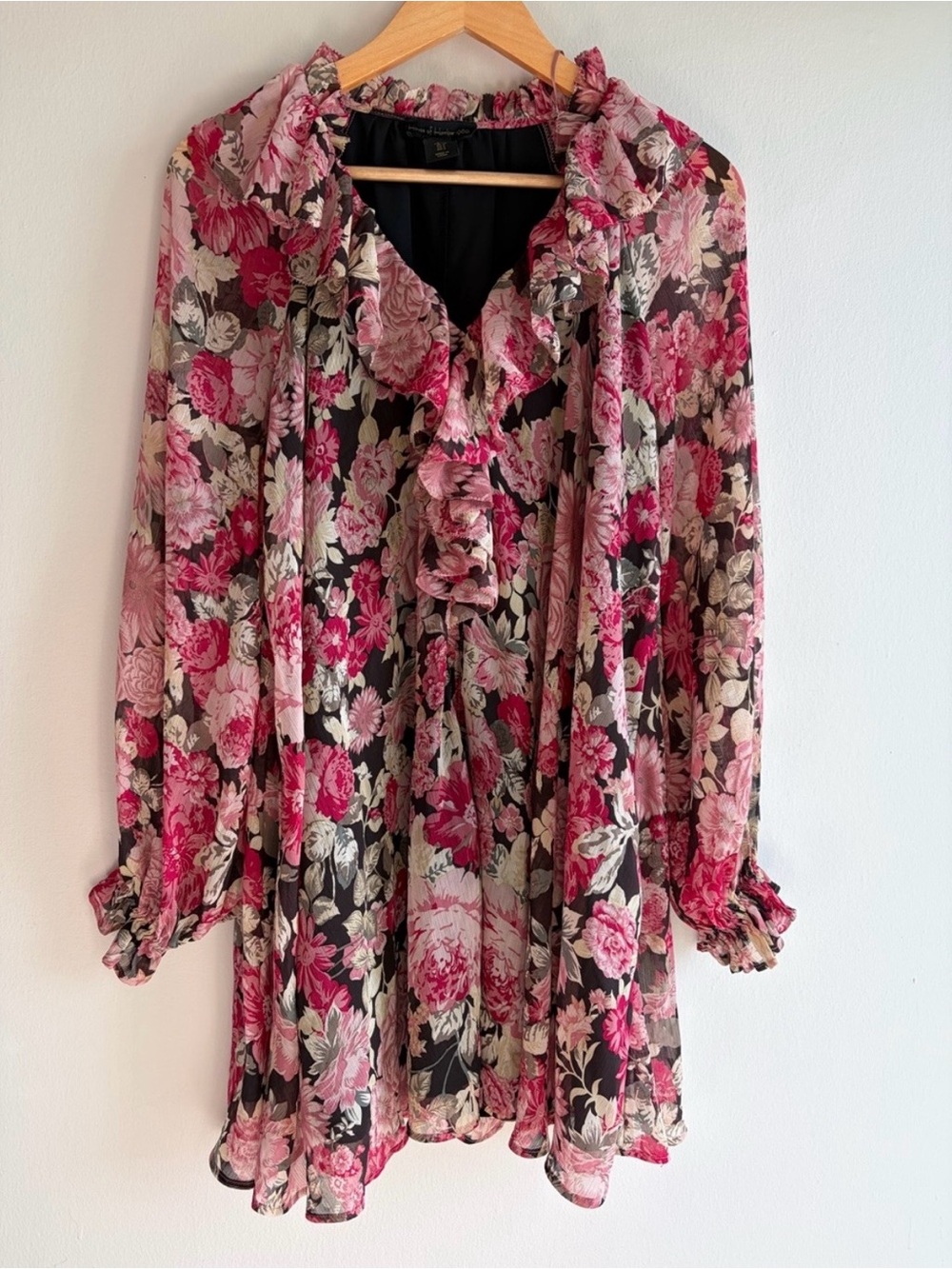 House of Harlow 1960 Pink Black Floral Ruffle Long Sleeve Dress